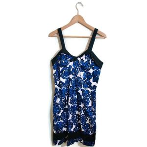 RICHARD CHAI White & Blue Floral Sleeveless Zip Up Black Trim W/Pockets Dress 13